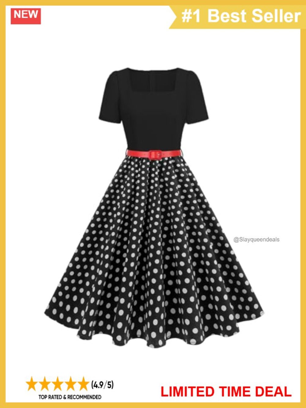 Vintage 1950s Polka Dot Square Neck Tea Length Swing Cocktail Dress with Belt